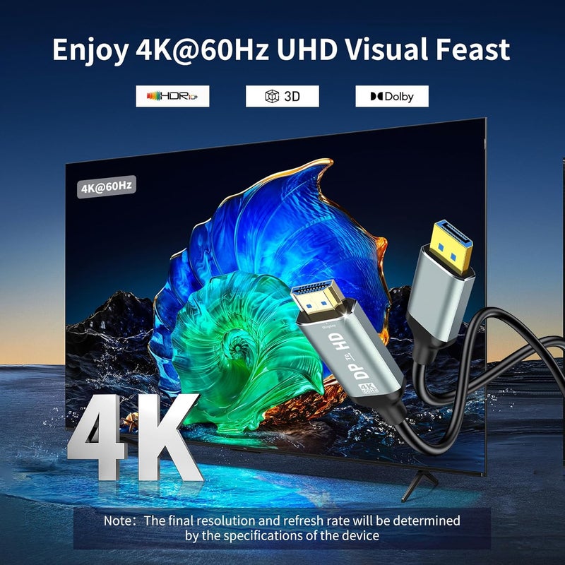 MaxRenard 4K DisplayPort to HDMI Cable | DP1.2 to HDMI 4K 60Hz Audio-Video Sync | SR Anti-Break, Compatible with Dell HP, for HDTV/Monitor/Projector/PC 6FT - Image 2